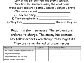Charge of the Light Brigade Worksheet LPA