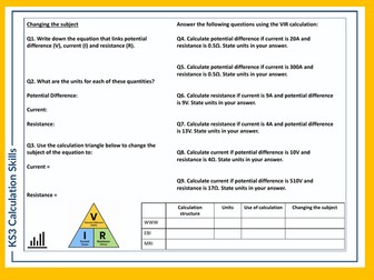KS3 Science Skills Task - VIR Calculations & Changing the Subject