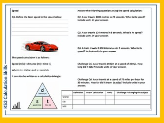 KS3 Science Skills Task - Speed Calculations