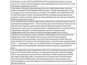 End of year Mathematics comments suitable for GCSE/A Level
