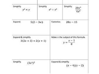 Worksheet on substitution into expression & formulae