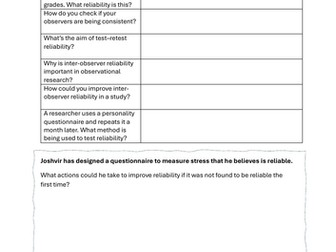 AQA Psychology Reliability and Validity worksheets