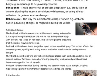 AQA B7 - Adaptation Comprehension worksheet covering structural, functional and behaviour adaptation