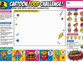 Cartoon Food Challenge Worksheet | KS2 KS3 Art Cover Lesson | Pop Art Character Design Activity