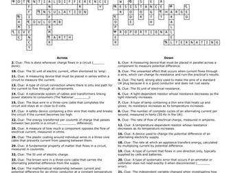 Revision Crossword AQA GCSE Physics Electricity topic