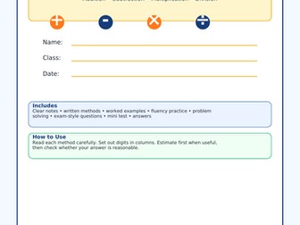 20-page Four Operations Workbook is designed for Cambridge Lower Secondary, KS3, Year 7, Year 8 and
