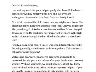 Persuasive letter WAGOLLS habitats and Global Warming KS1
