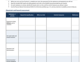 Core Practical 1 Risk Assessment 4CH1 Effects of temperature on solubility