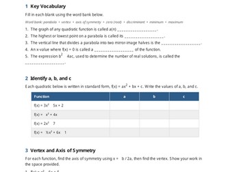 Quadratic Functions Worksheet: Vertex Form, Factoring & Quadratic Formula