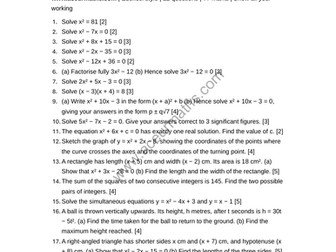 Quadratic Equations - IGCSE/GCSE Practice Questions with Answers
