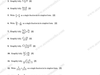 Algebraic Fractions- IGCSE/GCSE Edexcel/AQA Practice Worksheet