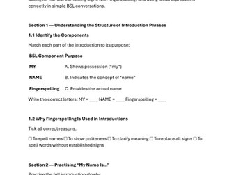 BSL Introducing Yourself – Name & Fingerspelling Practice Worksheet (Module 2)
