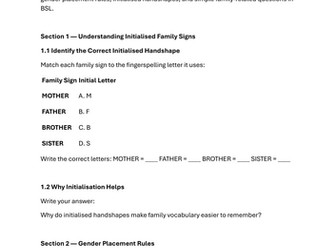 BSL Family Vocabulary Practice Worksheet (Initialised Signs & Gender Placement – Module 5)