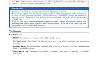 PSHE / Financial Education Cover Lesson: The True Cost of Auto Leases (No Prep)