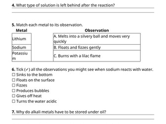 Alkali Metal and Water Worksheet