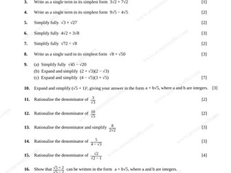 IGCSE/GCSE SURDS Practice Questions Worksheet