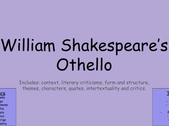William Shakespeare's Othello revision notes and sheets