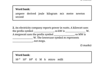 GCSE Physics - Measurements & Data - Units - Worksheet