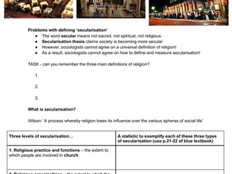 Secularisation theories worksheet (Beliefs in Society) AQA A Level Sociology