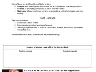 Science worksheet (Beliefs in Society) AQA A Level Sociology