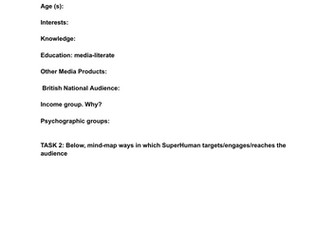 SuperHuman Audience Worksheet - Eduqas A Level Media Studies