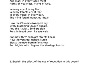 GCSE ENGLISH LITERATURE worksheet "London" (William Blake) revision notes