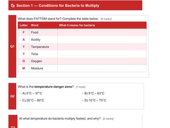 KS3 Food Safety and Hygiene Worksheet Year 7/8