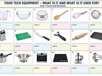 Food Technology Equipment - Starter Activity worksheet for Year 7
