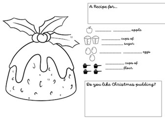 TEFL Christmas pudding colours and numbers worksheet and colouring in