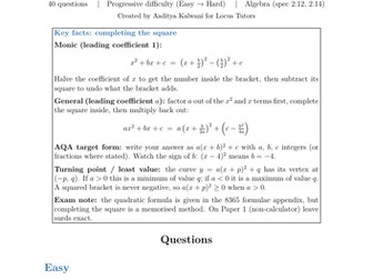 Completing the Square | AQA L2 Further 8365 | 40 Worked Examples