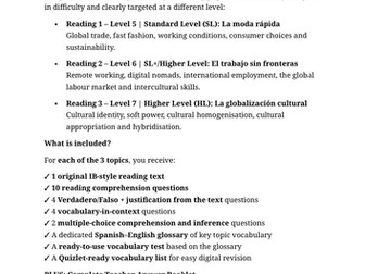 IB Spanish Globalización reading & vocab pack with vocab tests & quizlets