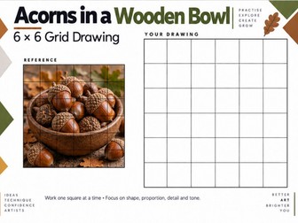 Acorns in a Wooden Bowl – Still Life Grid Drawing Worksheet | KS3 & KS4