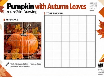 Pumpkin with Autumn Leaves Grid Drawing Worksheet | KS3 KS4