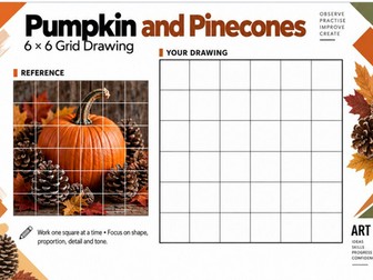Pumpkin and Pinecones Grid Drawing Worksheet | KS3 KS4 Autumn Art