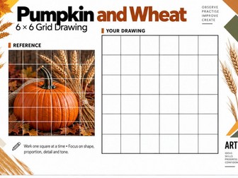 Pumpkin and Wheat Grid Drawing Worksheet | Harvest Art | KS3 KS4