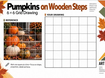 Pumpkins on Wooden Steps Grid Drawing Worksheet | KS3 KS4 Art