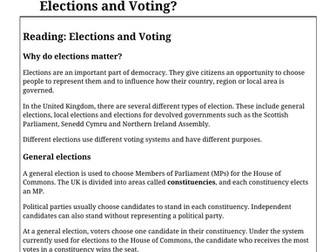 KS3 Citizenship Comprehension: Elections and Voting