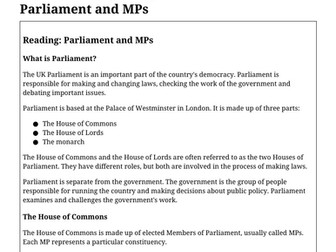 KS3 Citizenship Comprehension: Parliament and MPs