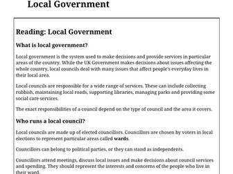 KS3 Citizenship Comprehension: Local Government