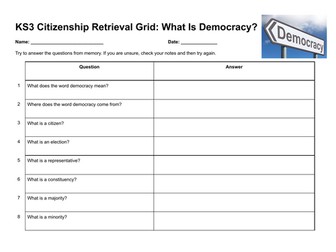 KS3 Citizenship Retrieval Grid: What Is Democracy?