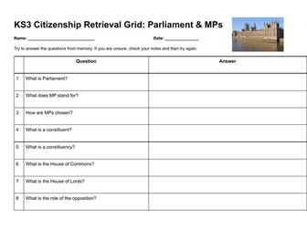 KS3 Citizenship Retrieval Grid: Parliament and MPs