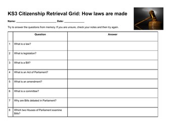 KS3 Citizenship Retrieval Grid: How Laws Are Made