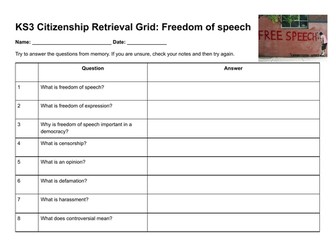 KS3 Citizenship Retrieval Grid: Freedom of Speech