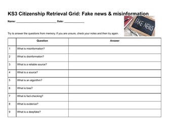 KS3 Citizenship Retrieval Grid: Fake News and Misinformation