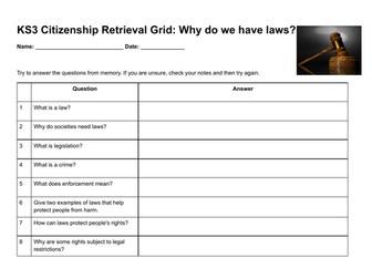 KS3 Citizenship Retrieval Grid: Why Do We Have Laws?