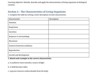 Edexcel IGCSE Biology – Characteristics of Living Organisms | Worksheet + Answers