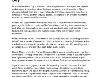 International Artist Day KS1 Reading Comprehension | Updated for 2026-27