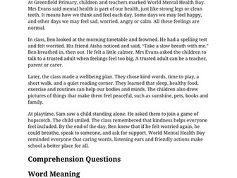 World Mental Health Day KS1 Reading Comprehension | Updated for 2026-27