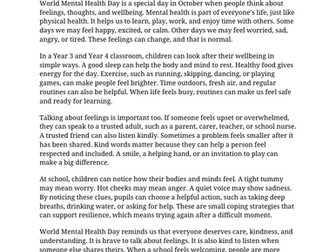 World Mental Health Day LKS2 Reading Comprehension | Updated for 2026-27