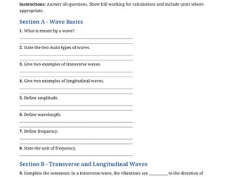 dexcel IGCSE Physics – Waves Worksheet with Answers | Exam-Style Questions